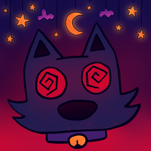 A cat avatar stares wide-eyed in chaotic wonder at the moon above.